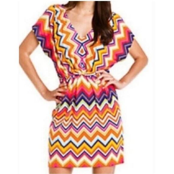 Trina Turk Womens A Line Dress V Neck Short Sleeve Kimono Chevron Multicolor 4 - Picture 1 of 6